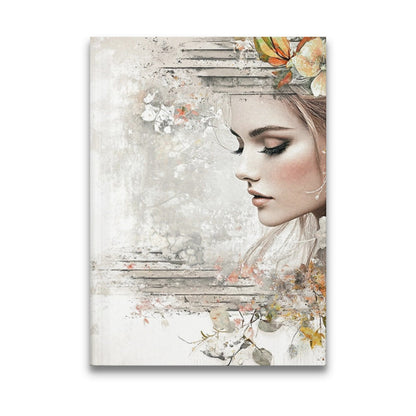 Artistic Floral Woman Journal featuring a serene female profile with orange tulips and white blossoms.