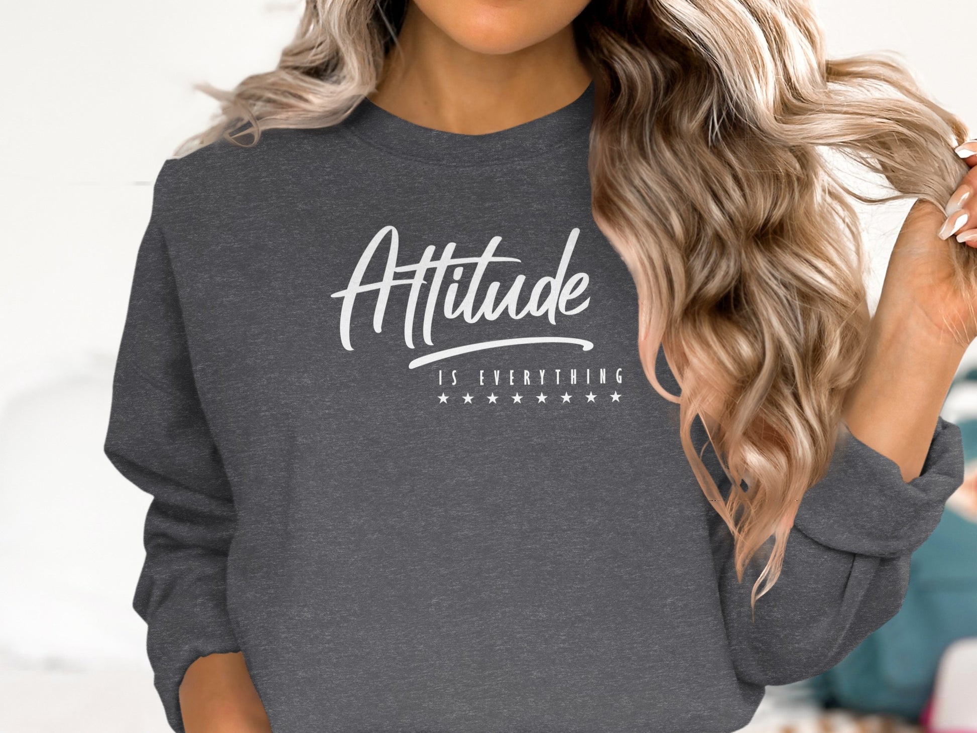Dark heather grey crew neck sweatshirt with inspirational message, stylish relaxed unisex fit and durable soft cotton blend.