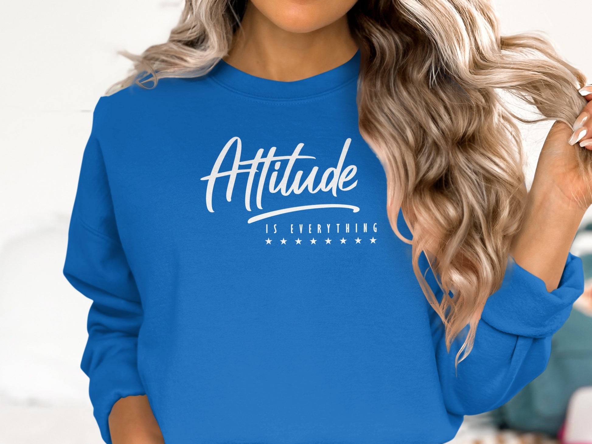 Royal blue crew neck sweatshirt with positive quote print, unisex cut and midweight cotton-poly fabric for cozy comfort.