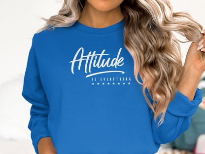 Royal blue crew neck sweatshirt with positive quote print, unisex cut and midweight cotton-poly fabric for cozy comfort.