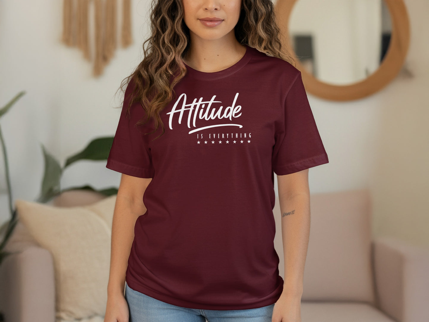Attitude Is Everything statement tee in maroon featuring a bold message and modern casual appeal with unisex fit.