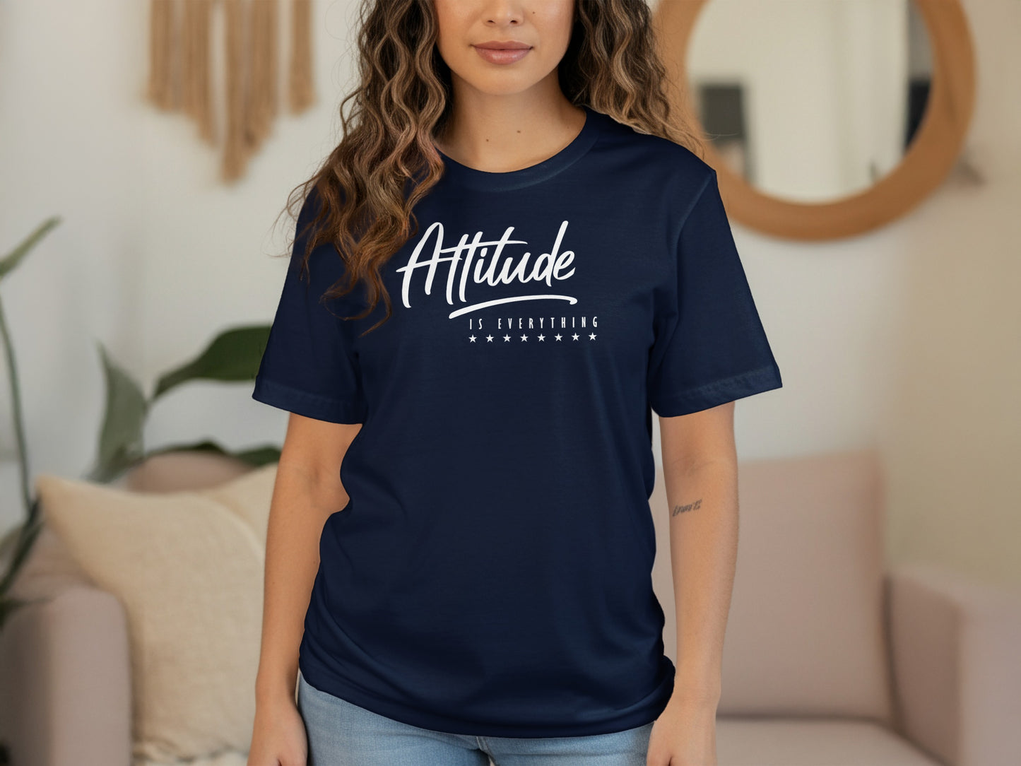 Attitude Is Everything motivational quote t-shirt in navy blue designed for casual wear and confident self expression.