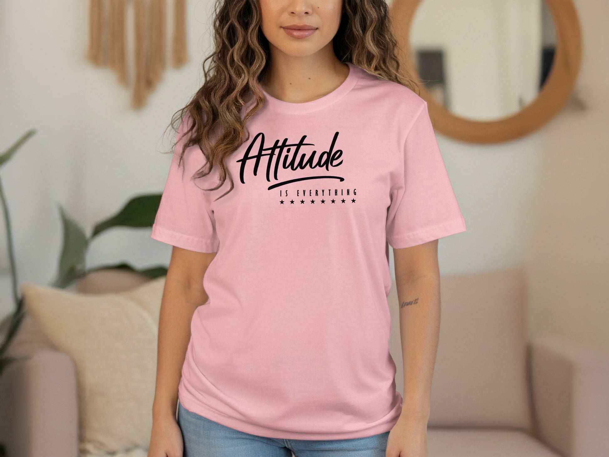 Attitude Is Everything inspirational t-shirt in soft pink offering comfort style and positive energy.