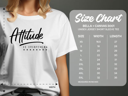 Size chart showing measurements for the Attitude Is Everything graphic tee for accurate sizing and ideal fit.