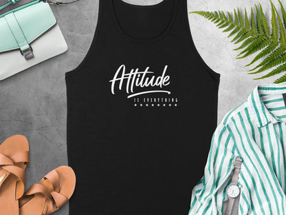 Attitude Is Everything tank top in black featuring a motivational message and lightweight sleeveless design.
