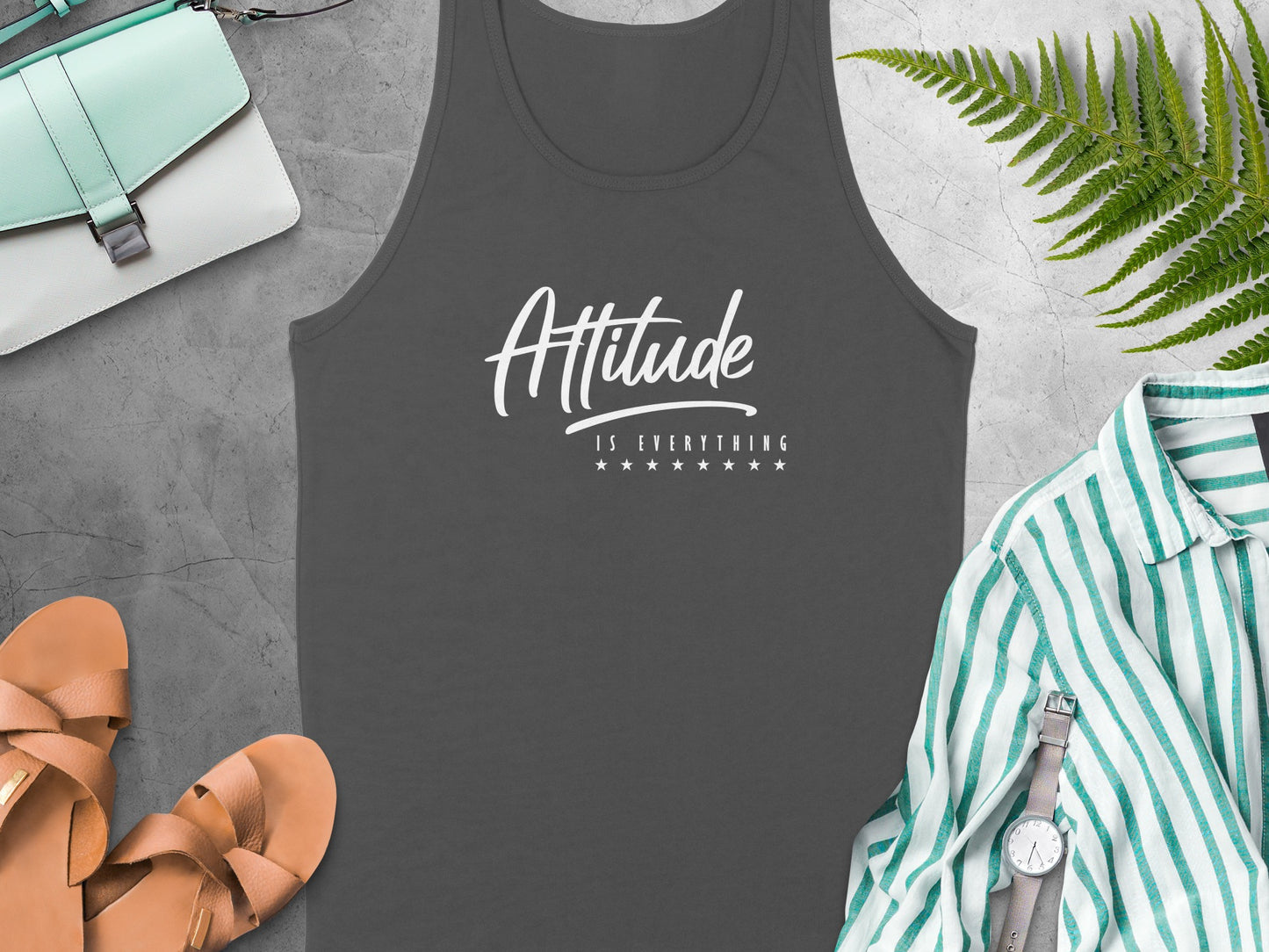 Attitude Is Everything charcoal tank top designed with a bold mindset message and relaxed casual style.