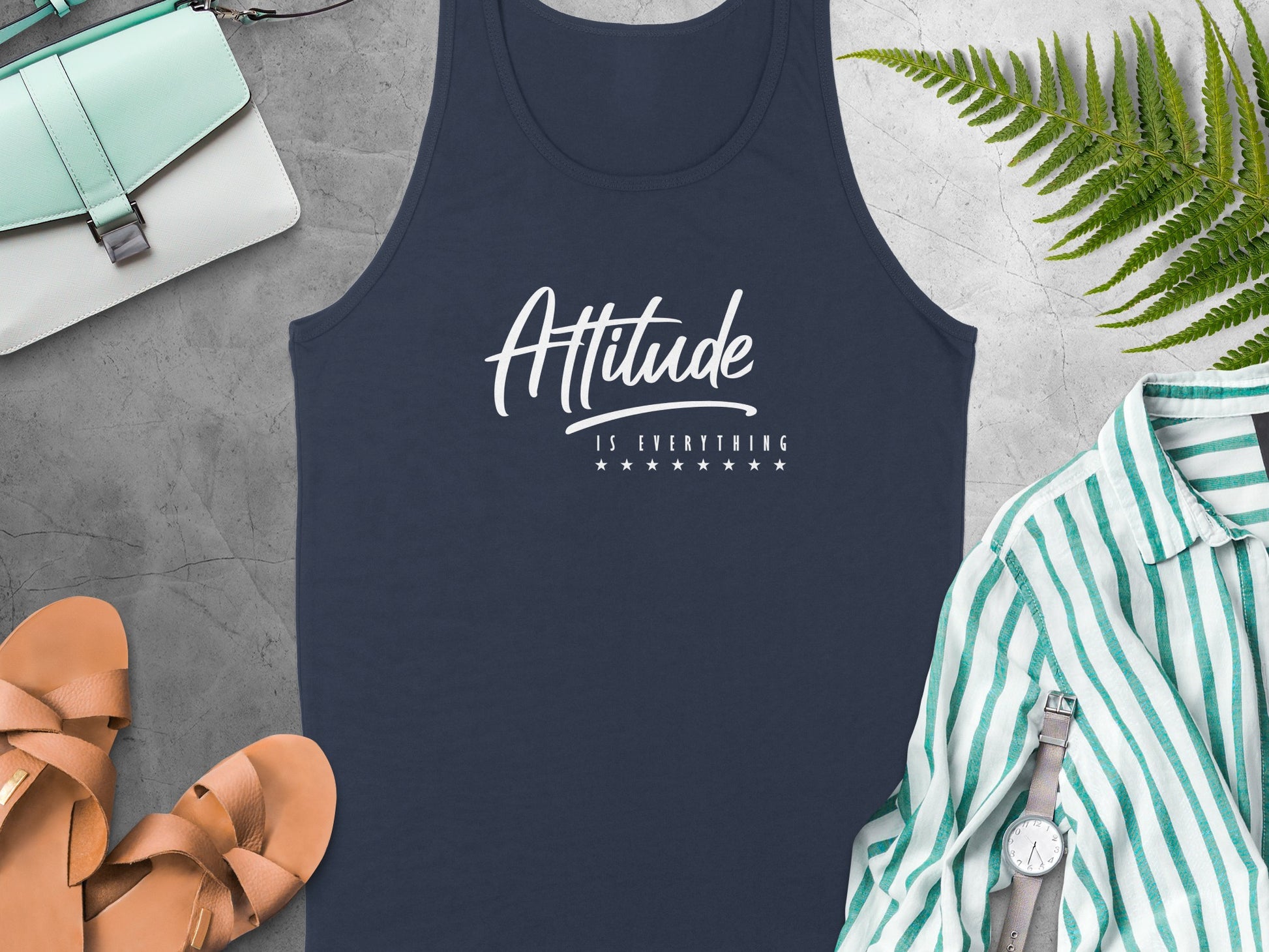 Attitude Is Everything tank top in navy blue with an inspirational slogan and breathable everyday fit.