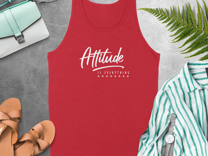 Attitude Is Everything red tank top with an uplifting message and comfortable sleeveless silhouette in cotton.