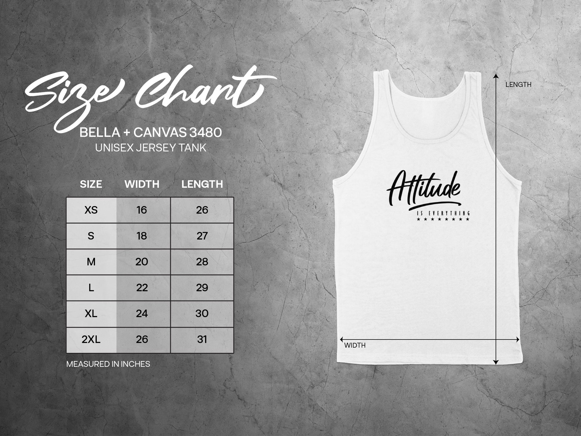 Tank top size chart showing measurements for the Attitude Is Everything sleeveless shirt for accurate sizing.