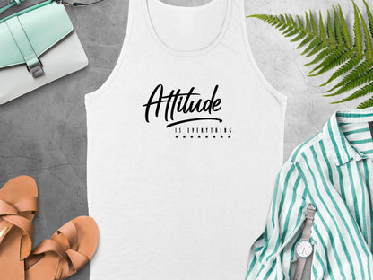 Attitude Is Everything white tank top featuring a clean minimalist look and positive affirmation design.