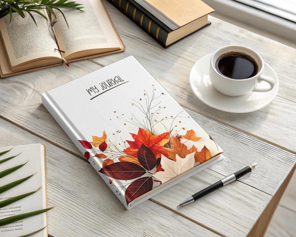 Hardcover autumn journal with pressed leaf print lying on a timber desk beside an open book and coffee.