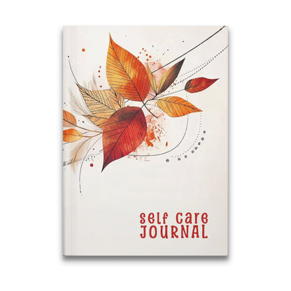 Autumn Leaves Self Care Journal featuring watercolour autumn leaves in amber, burnt orange, and deep crimson tones.