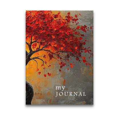 Autumn Tree Journal featuring a palette-knife tree painting with crimson foliage and a radiant golden glow and My Journal white serif lettering