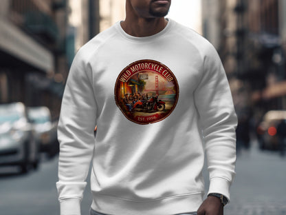 Wild Motorcycle Club Sweatshirt highlighting the red motorcycle, bikers outside a roadside café and atmospheric San Francisco backdrop.