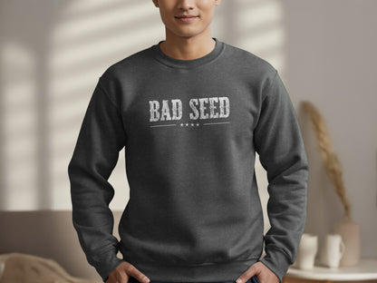 Dark Heather Grey Bad Seed Sweatshirt featuring worn white block serif lettering with cracked texture and a vintage graphic finish across the chest.