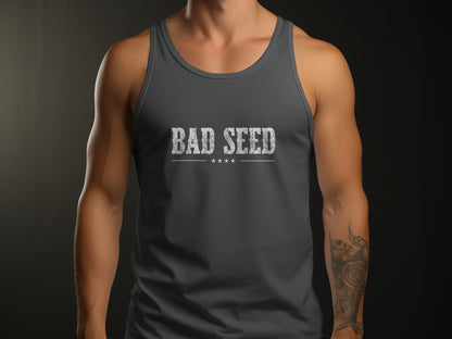 Charcoal-Black Triblend Bad Seed Tank Top with distressed white typography and a vintage-inspired star motif across the chest.