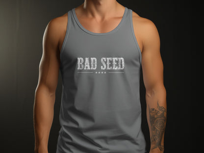 Grey Triblend Bad Seed Tank Top featuring an aged white BAD SEED emblem with distressed serif lettering and a slim dividing line.