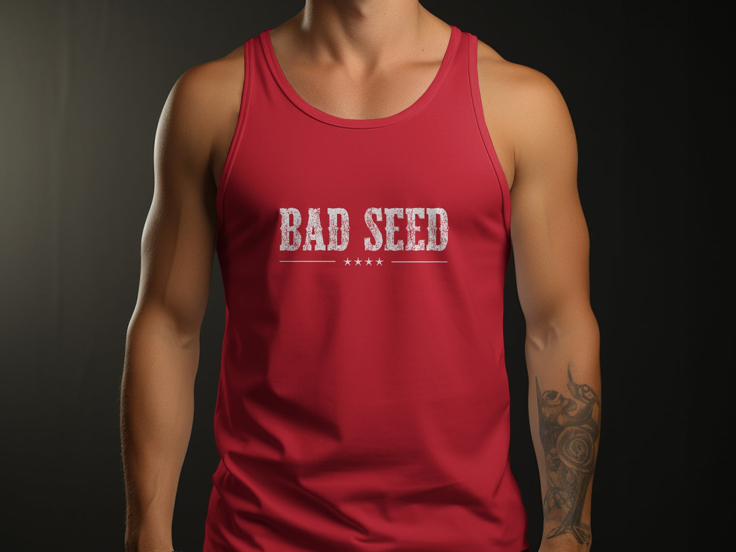 Red Bad Seed Tank Top featuring bold white BAD SEED lettering with a weathered print texture and vintage star detailing.