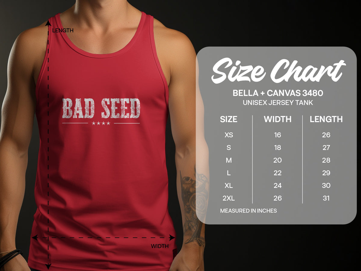 Size chart for Bad Seed graphic tank top, showing sizes Small-2XL in inches for chest width and body length.