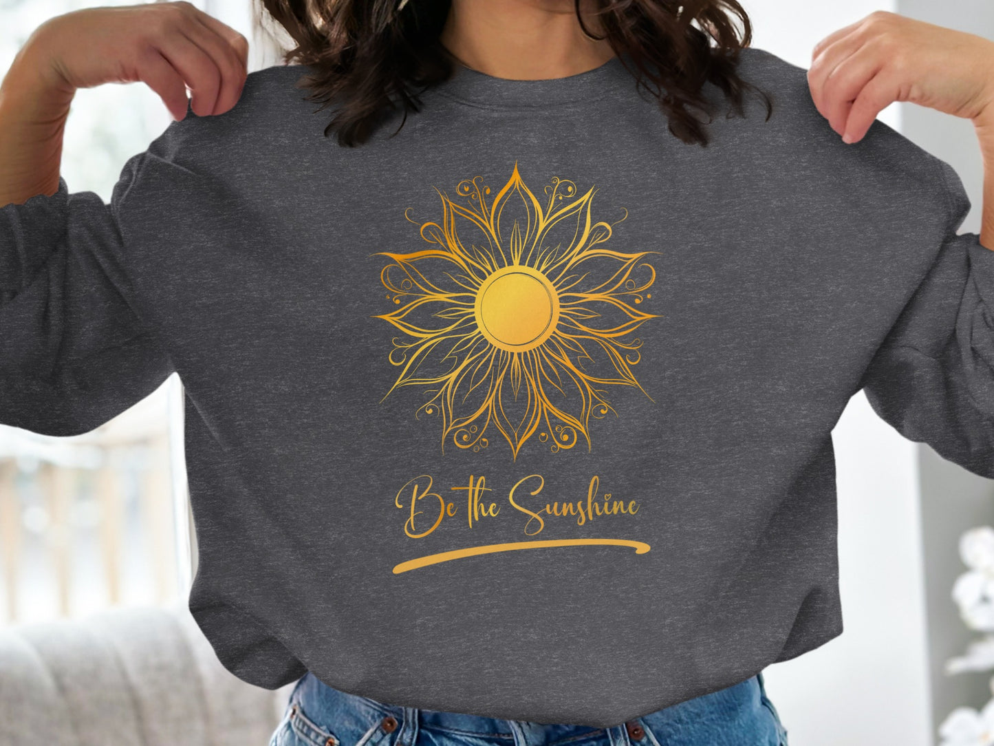 Dark heather grey Be the Sunshine pullover with warm fleece lining and motivational design for everyday casual wear.