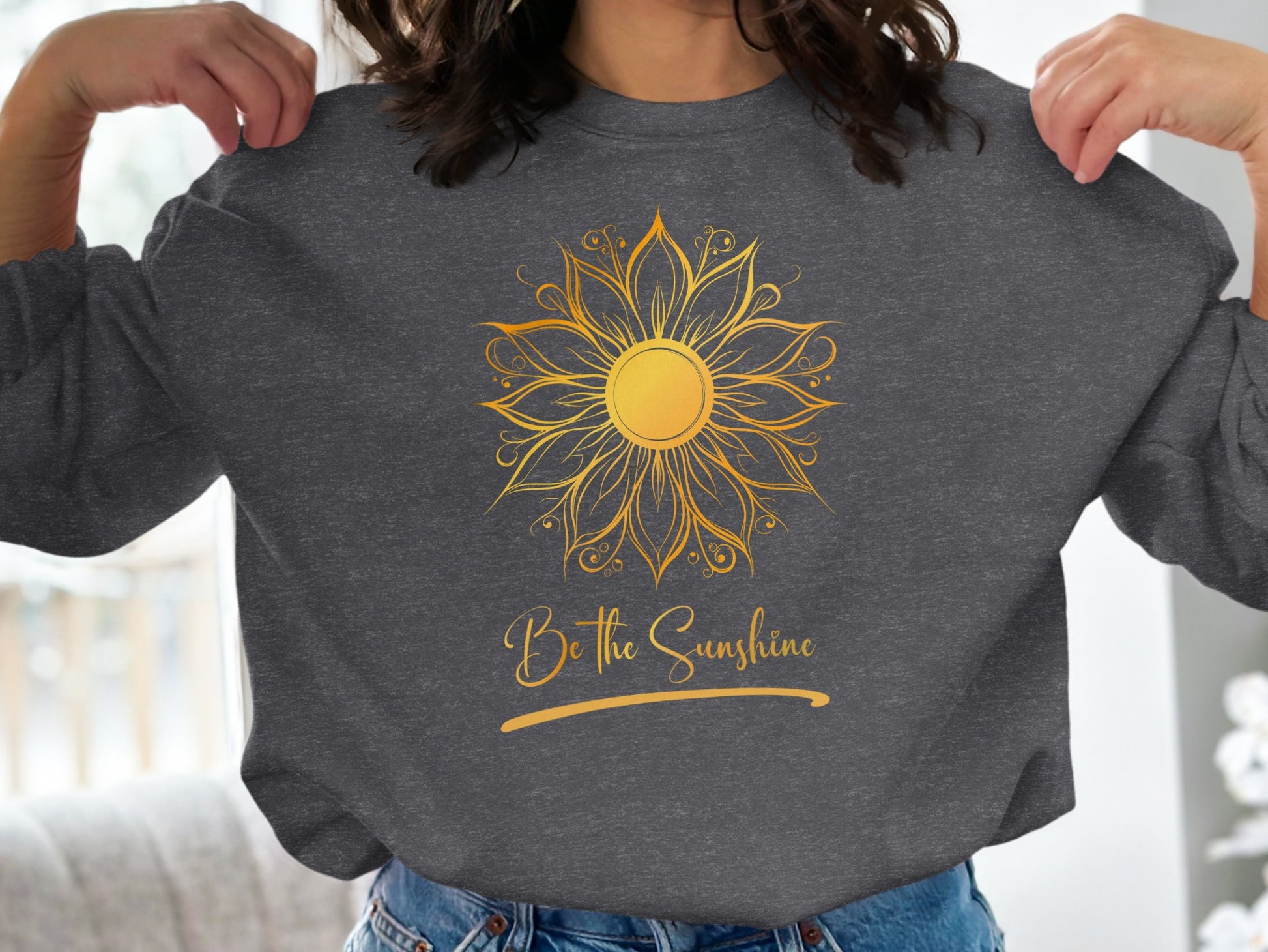 Dark heather grey Be the Sunshine pullover with warm fleece lining and motivational design for everyday casual wear.