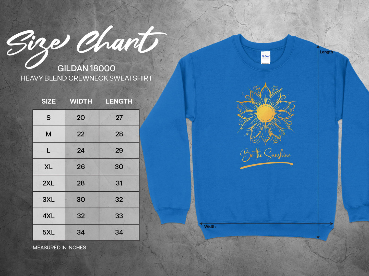 Detailed size chart for Be the Sunshine sweatshirt with chest, length, and sleeve measurements in inches.