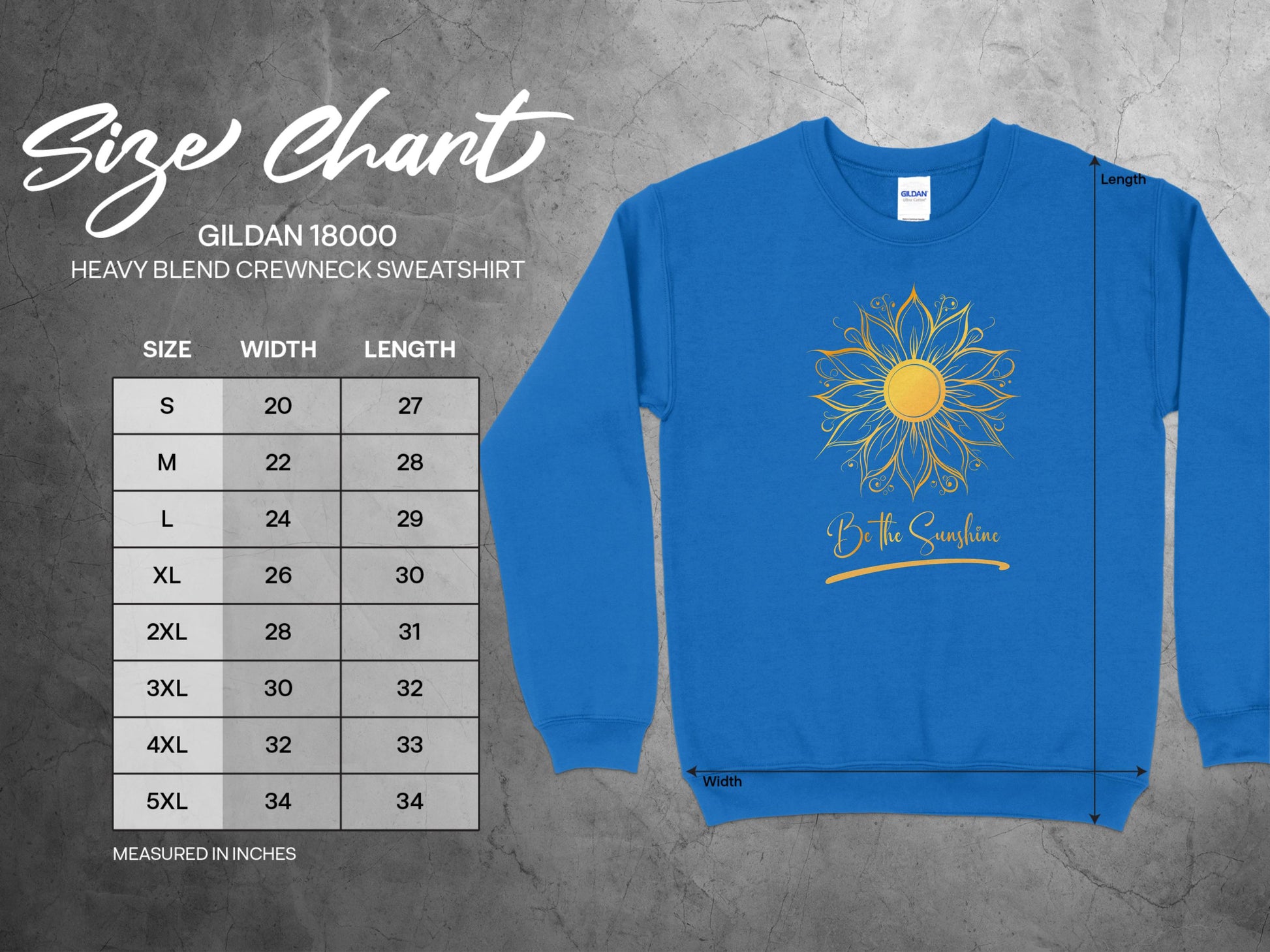 Detailed size chart for Be the Sunshine sweatshirt with chest, length, and sleeve measurements in inches.