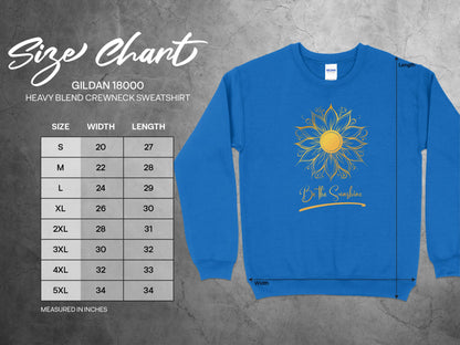 Detailed size chart for Be the Sunshine sweatshirt with chest, length, and sleeve measurements in inches.