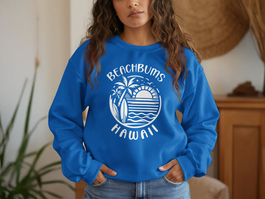 Royal blue Beach Bums pullover sweatshirt featuring standout white graphic, cozy cotton-blend, and casual style.