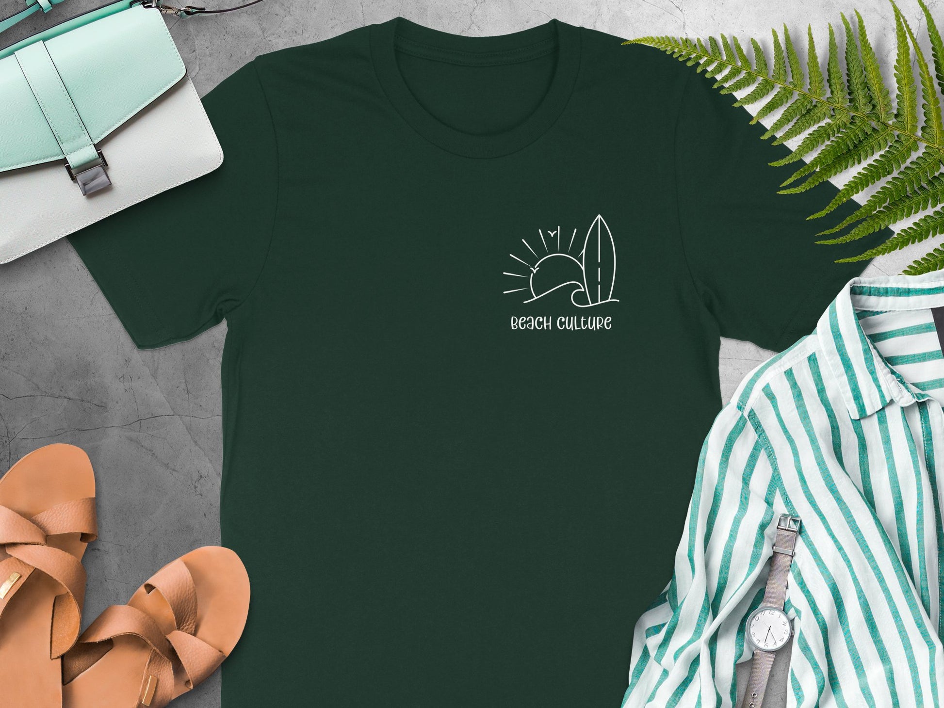 Forest green Beach Culture t-shirt featuring a minimalist surf chest graphic with a wave, sun, and birds in a clean white outline.
