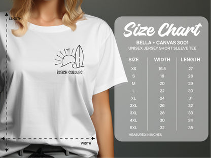 Size chart for the unisex Beach Culture t-shirt, detailing chest measurements for sizes Small to 3XL.