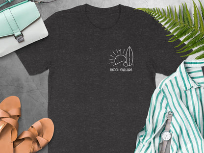 Beach Culture Tee in charcoal heather, soft cotton blend top with short sleeves and relaxed fit
