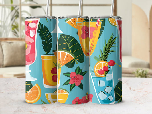 Tropical drink tumbler with festive beach party artwork inspired by summer vacations and outdoor celebrations.