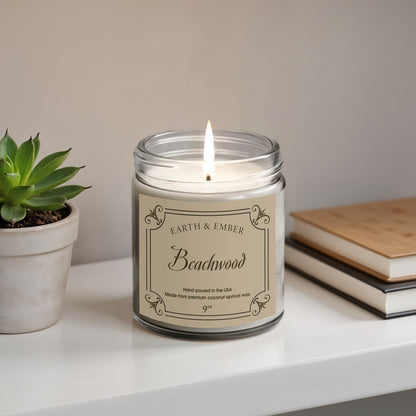 Beachwood scented candle 9oz styled as elegant home decor piece, adding warm ambiance and rustic charm.