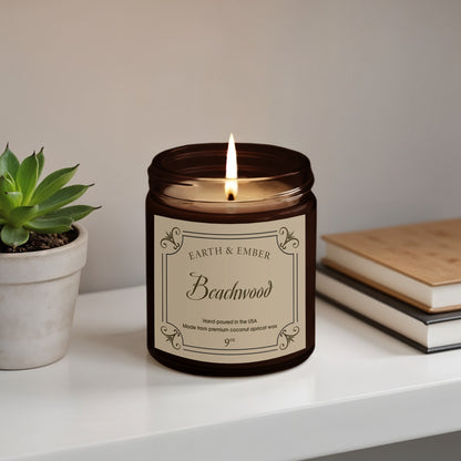 Beachwood scented candle 9oz in amber glass jar with natural woodsy fragrance and clean, long-lasting burn.