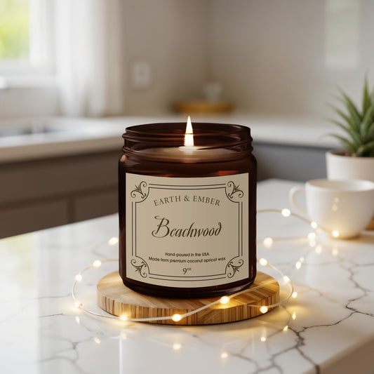 Beachwood scented candle with coconut wax displayed in home setting with for inviting and fragrant atmosphere.