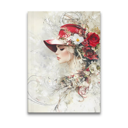 Beautiful Artistic Woman Journal featuring a female profile wearing a red hat adorned with roses and daisies.