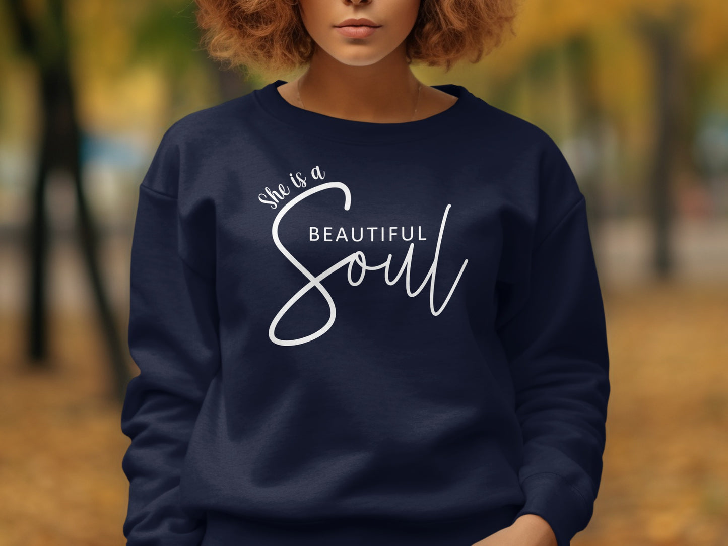 Navy blue She is a Beautiful Soul inspirational sweatshirt, casual crew neck apparel with uplifting quote and soft fabric.