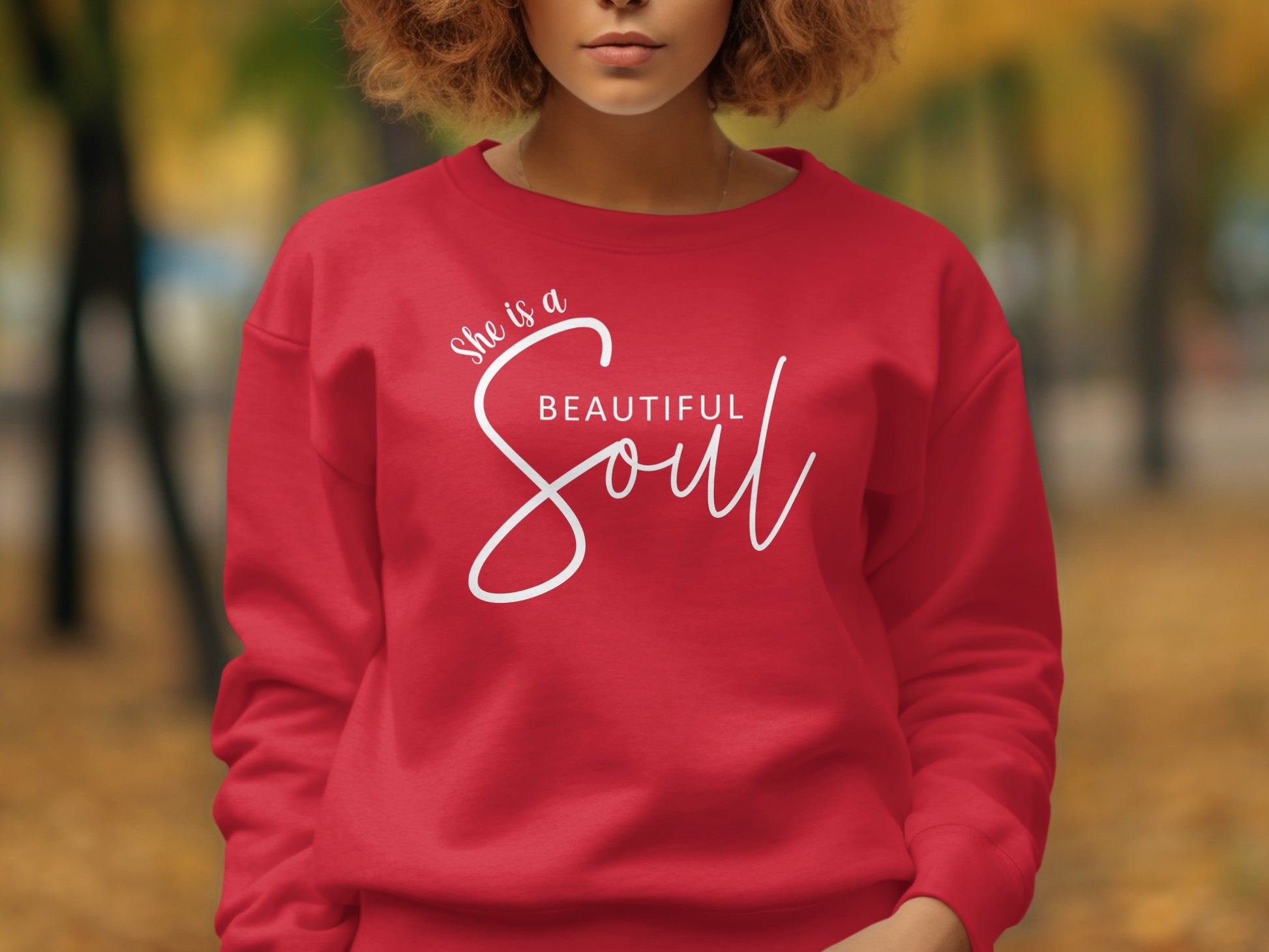 Red She is a Beautiful Soul cotton-blend sweatshirt, motivational crew neck pullover with empowering self-love message.