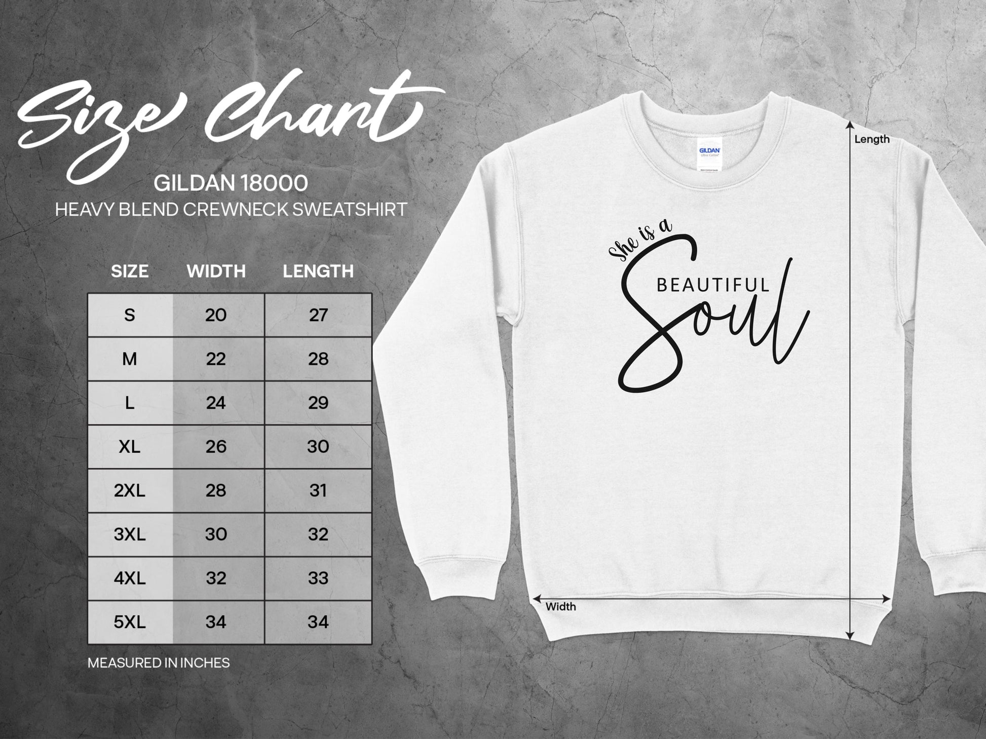 Size chart for women's beautiful soul sweatshirts, including chest, length, and sleeve measurements for an accurate fit.