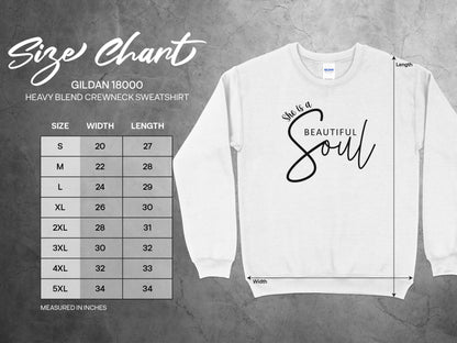 Size chart for women's beautiful soul sweatshirts, including chest, length, and sleeve measurements for an accurate fit.