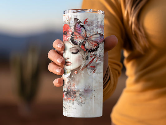Personalised travel tumbler with romantic floral artwork, ink sketch elements, and custom script name.