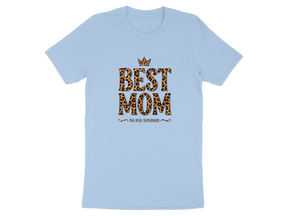 Best Mom The Real Superhero T-Shirt in baby blue, breathable cotton with short sleeves for easy layering.