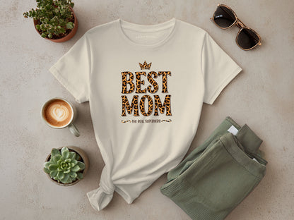 Best Mom The Real Superhero T-Shirt in natural tone, lightweight fabric with classic crew neckline.