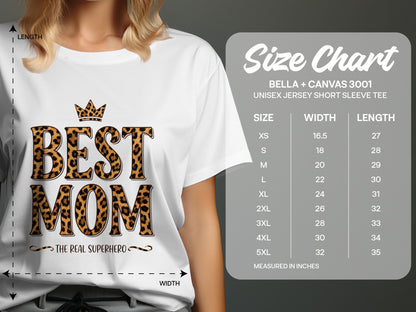 Best Mom The Real Superhero T-Shirt size chart showing S–3XL unisex measurements for proper fit.