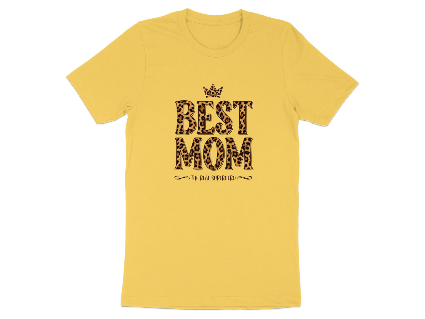 Best Mom The Real Superhero T-Shirt in sunny yellow with queen crown design, lightweight unisex fit.