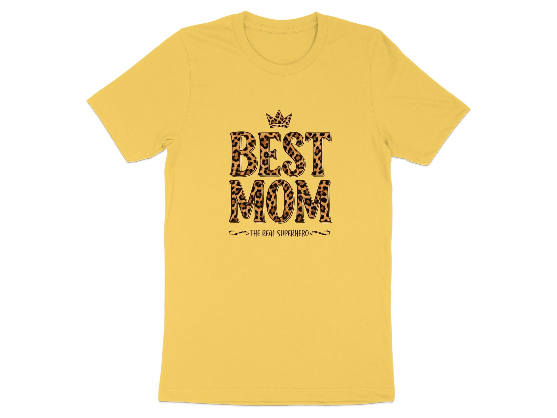 Best Mom The Real Superhero T-Shirt in sunny yellow with queen crown design, lightweight unisex fit.