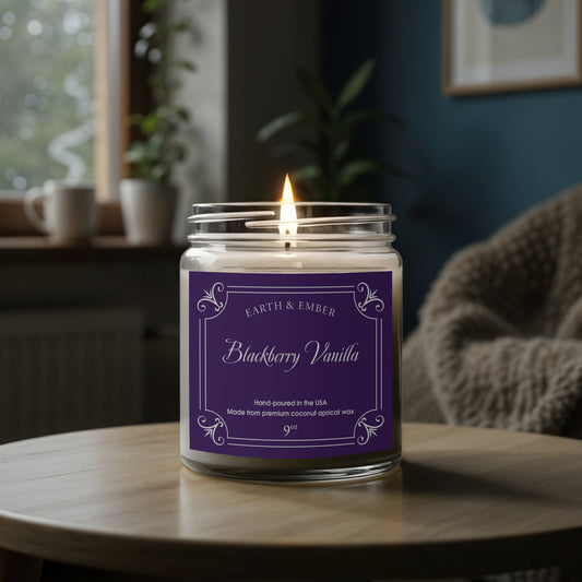 Blackberry Vanilla scented candle glowing softly to create cozy, comforting ambient lighting.