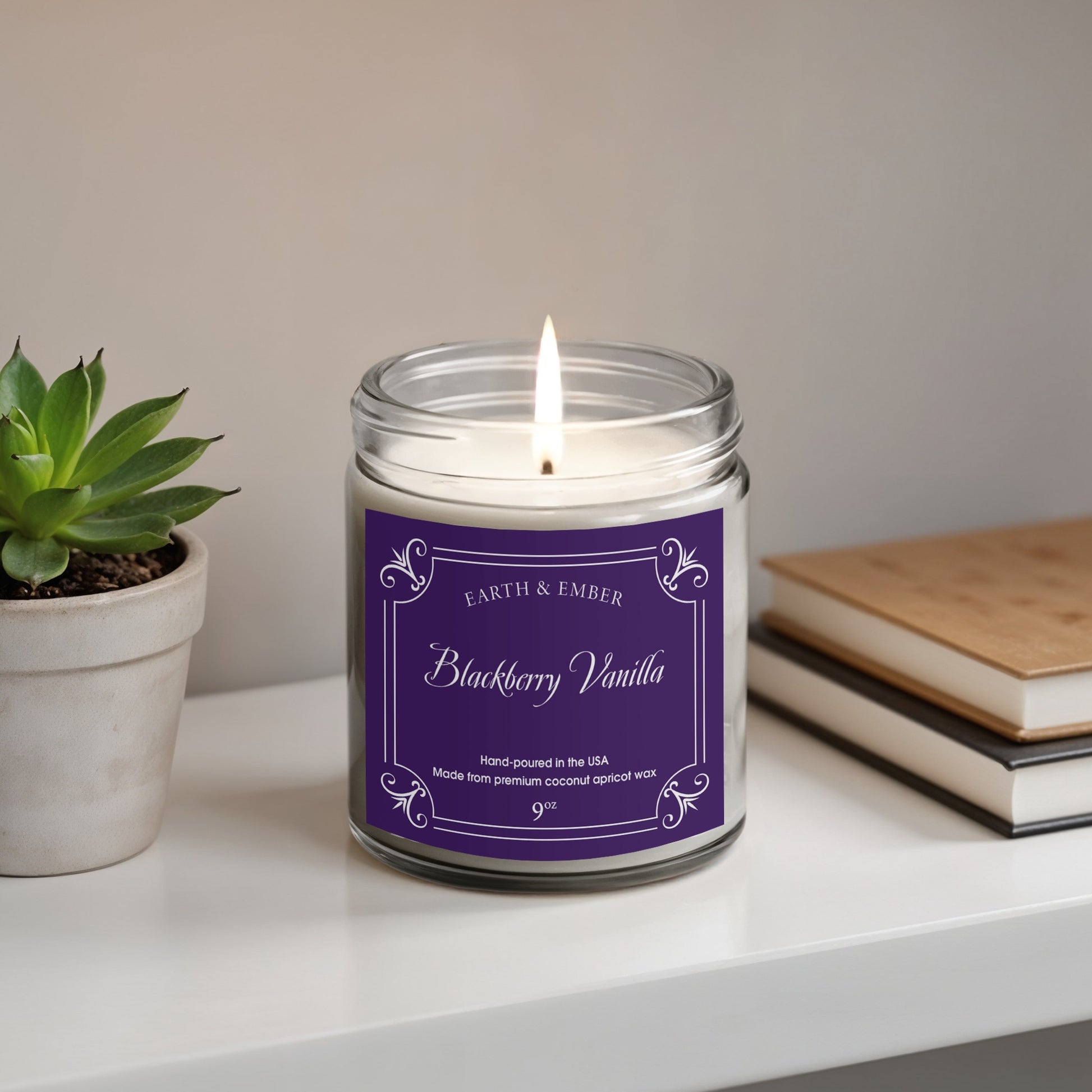 Blackberry Vanilla scented candle styled as charming home decor, adding warm and inviting fragrant ambiance.