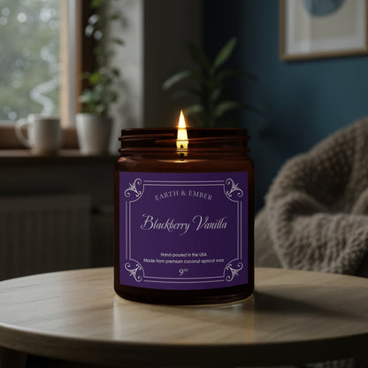 Close-up of Blackberry Vanilla scented candle wick and smooth wax showcasing fruity vanilla fragrance.